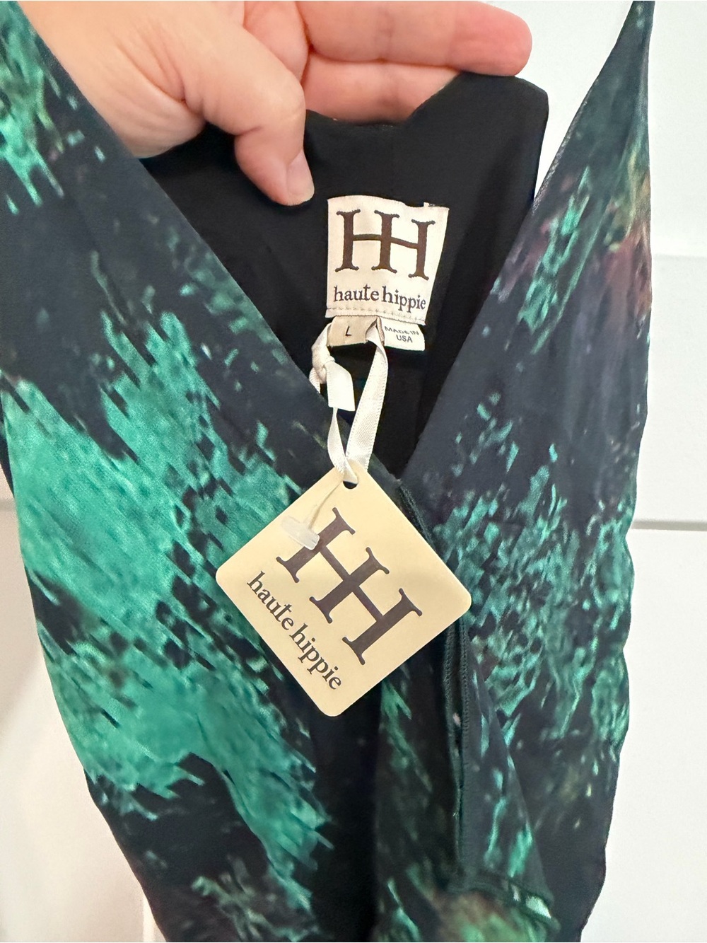 Haute Hippie NWT 100% Silk Emerald Abstract Ruffle Maxi Dress Gown - Picture 10 of 11